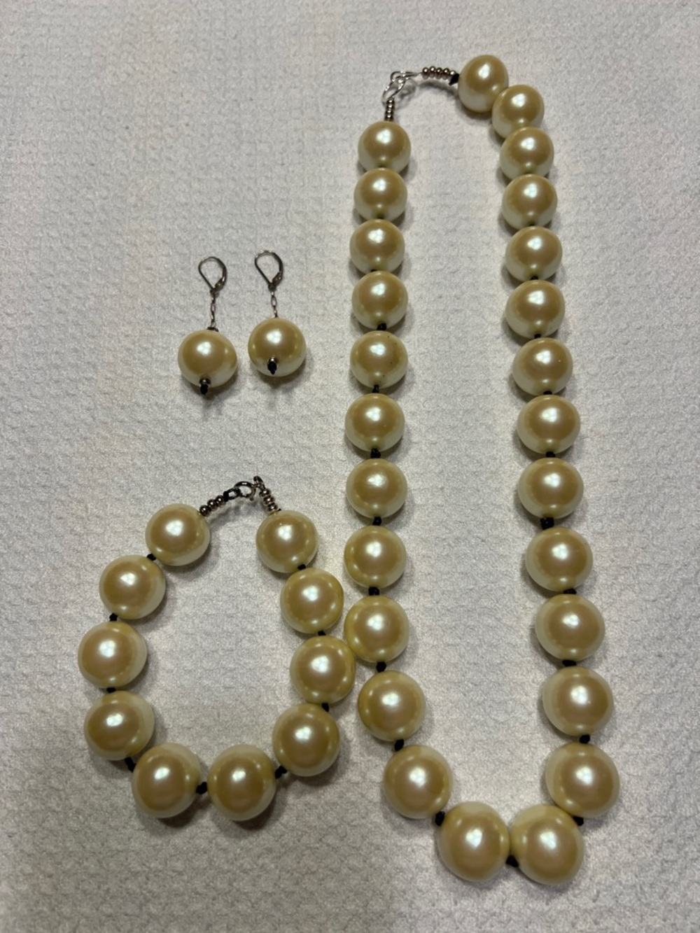 XL Ivory Pearl Necklace Bracelet Earring Set sterling silver vtg glass pearls